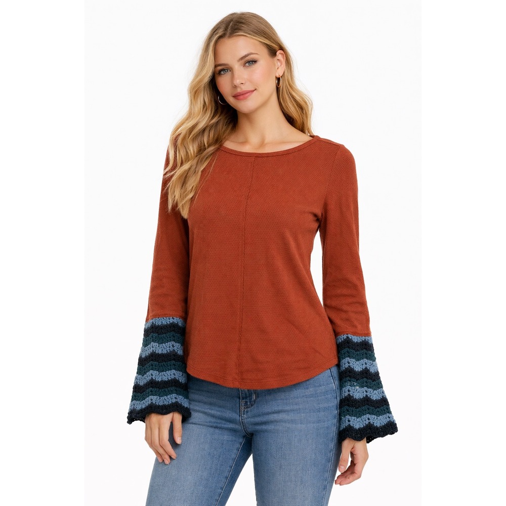 Pilcro Rust Orange Waffle Knit‎ Crochet Bell Sleeve Top Womens Medium M P-13